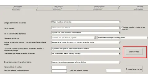 Configuración de opciones de venta, incluyendo la opción "Diseño Tickets" para personalizar la plantilla tickets para imprimir.