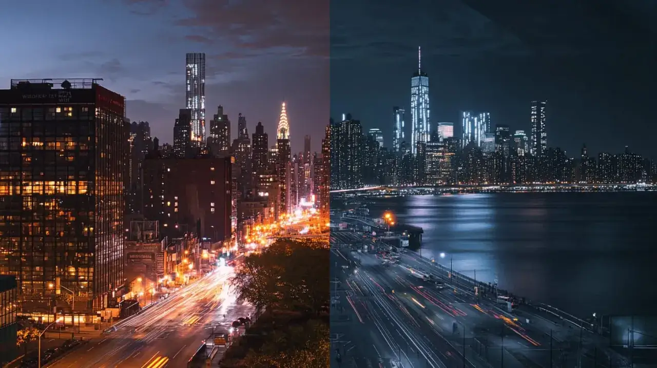 Dos vistas nocturnas de Nueva York, una con luces c&aacute;lidas y estelas de coches, la otra con luces fr&iacute;as y el r&iacute;o. Denoise AI mejora la claridad.