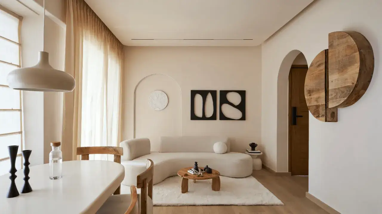 Fotografía minimalista de un salón con sofá curvo, mesa de centro de madera y arte abstracto en las paredes.