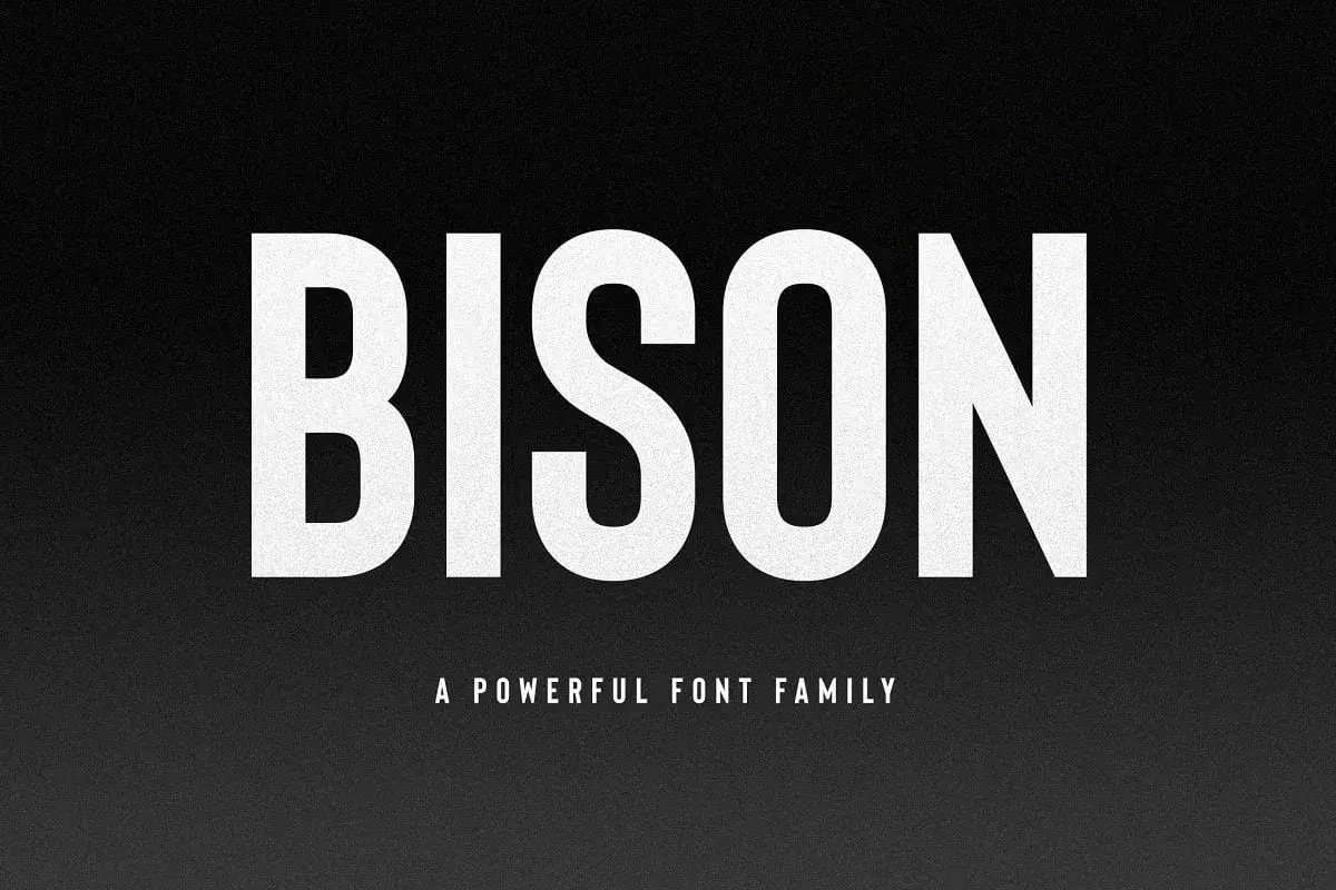 BISON, una familia de fuentes potente con tipograf&iacute;a recta, se muestra en blanco sobre un fondo negro granulado.
