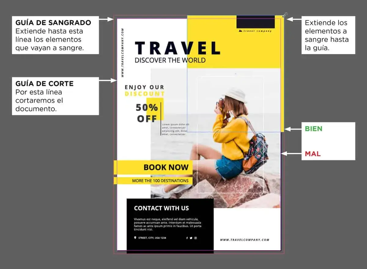 Diseño de folleto turístico en formato a5. Mujer con cámara, descuento del 50% y botón