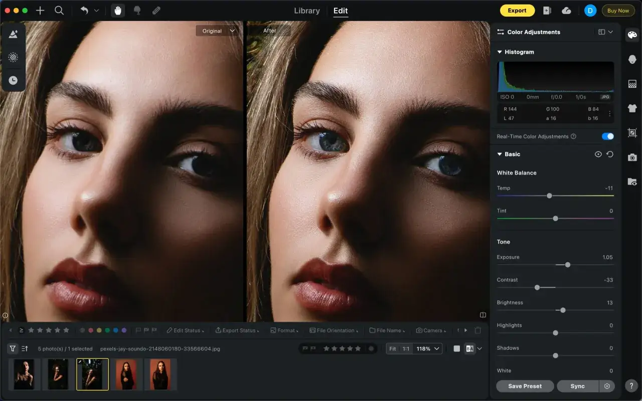 Primer plano de un rostro, comparando el antes y el después de aplicar técnicas de dodge and burn para realzar detalles y volumen.