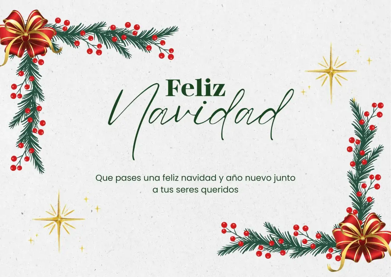 Ideas para postales navide&ntilde;as: Feliz Navidad con ramas de pino, bayas rojas y lazos dorados. &iexcl;Un dise&ntilde;o festivo!