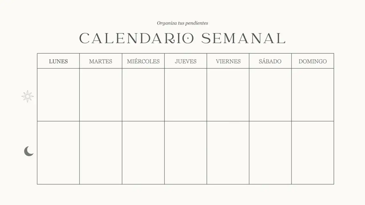 Plantilla para hacer calendario semanal. Organiza tus pendientes con este dise&ntilde;o minimalista.