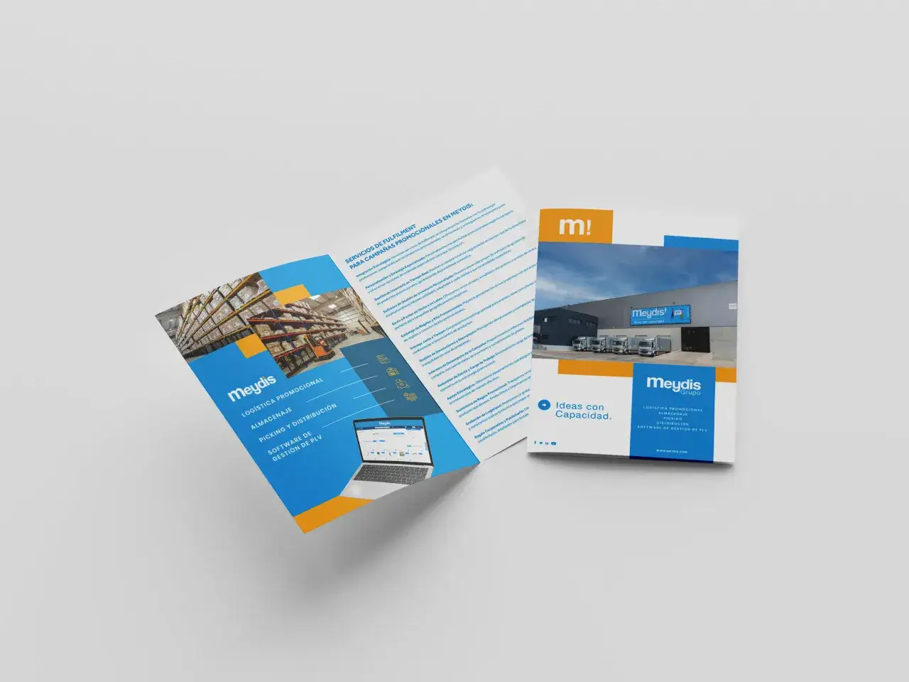 Folleto publicitario ejemplo de Meydis, empresa de log&iacute;stica promocional, con im&aacute;genes de almac&eacute;n y camiones.
