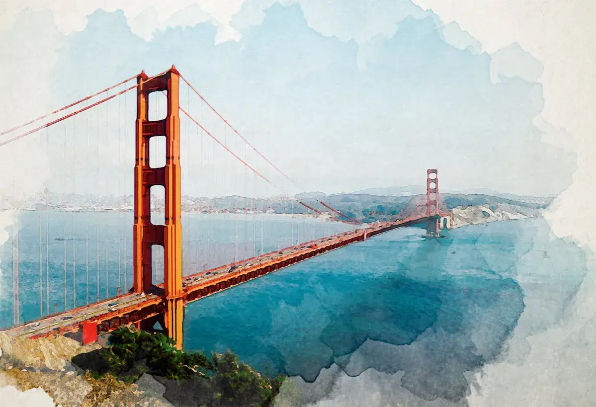 El puente Golden Gate, con su ic&oacute;nico color naranja, se ve como una hermosa acuarela sobre el azul del mar.