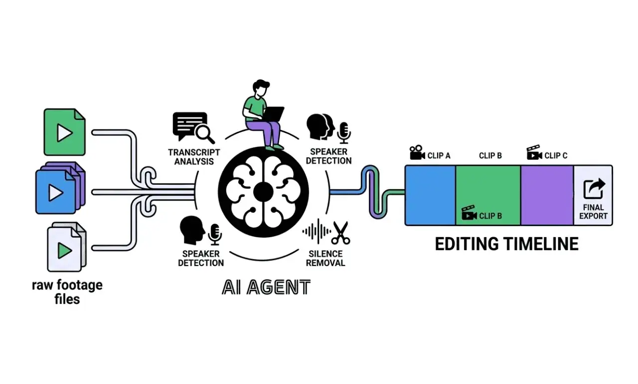 Diagrama del flujo de trabajo de un agente de IA para edición de video: análisis de transcripción, detección de hablantes y eliminación de silencios, que culmina en una línea de tiempo de edición y exportación final.