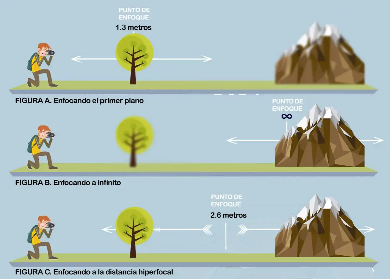 Ilustración muestra cómo enfocar un árbol y una montaña. La figura C demuestra la distancia hiperfocal a 2.6 metros para tener todo nítido.