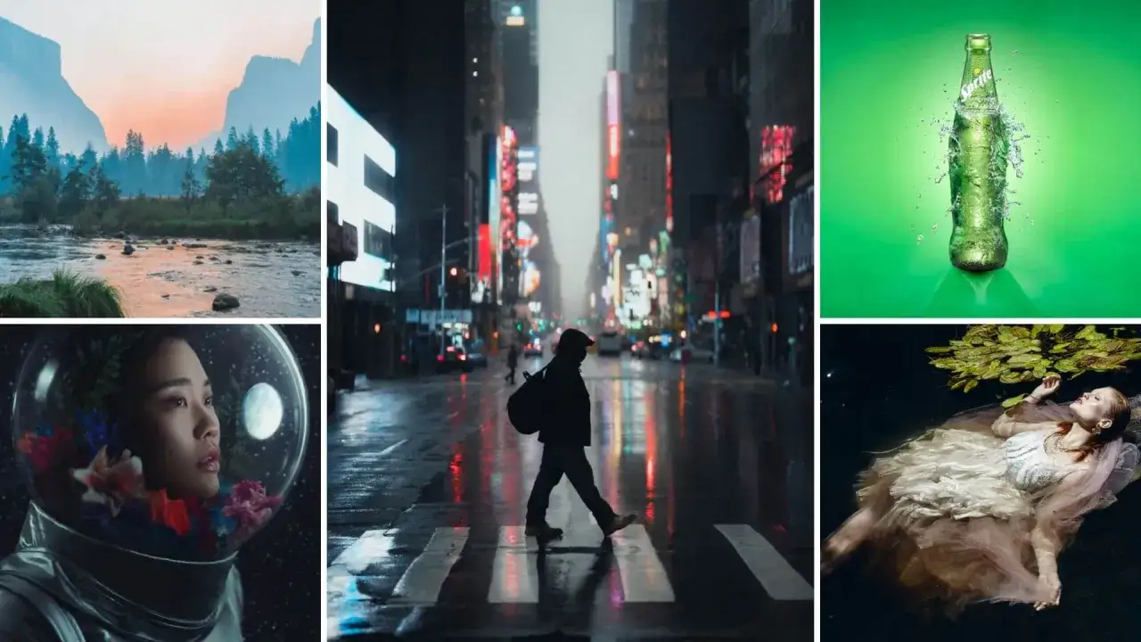 Paisaje al amanecer, persona cruzando Times Square mojado, botella de Sprite, mujer en traje de astronauta y mujer flotando en agua. Diversos generos fotograficos.