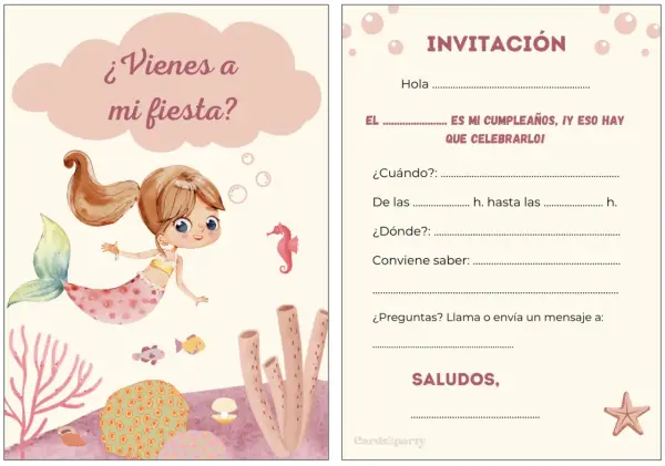 Invitación de cumpleaños infantil gratis con una sirena y temática marina. ¡Ven a celebrar!